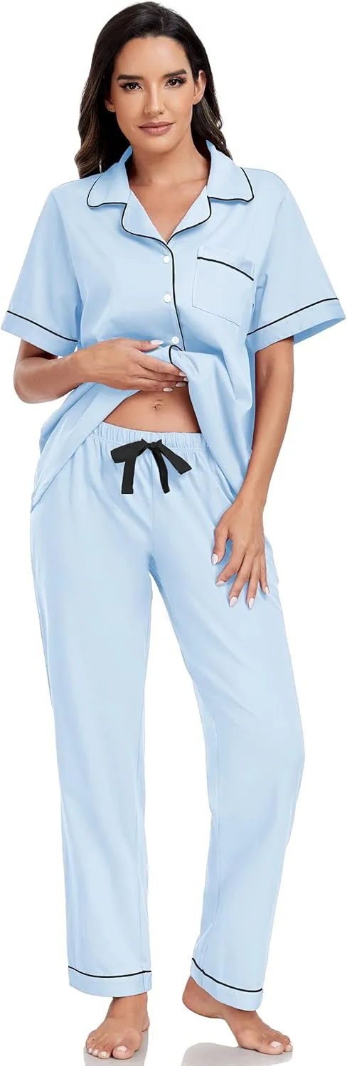 EA'S SECRET Womens 100% Cotton Pajama Sets Short Sleeve Shirt and Pajama Pants Soft Sleepwear Button Down Pjs for Women