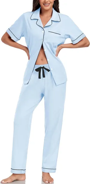 EA'S SECRET Womens 100% Cotton Pajama Sets Short Sleeve Shirt and Pajama Pants Soft Sleepwear Button Down Pjs for Women