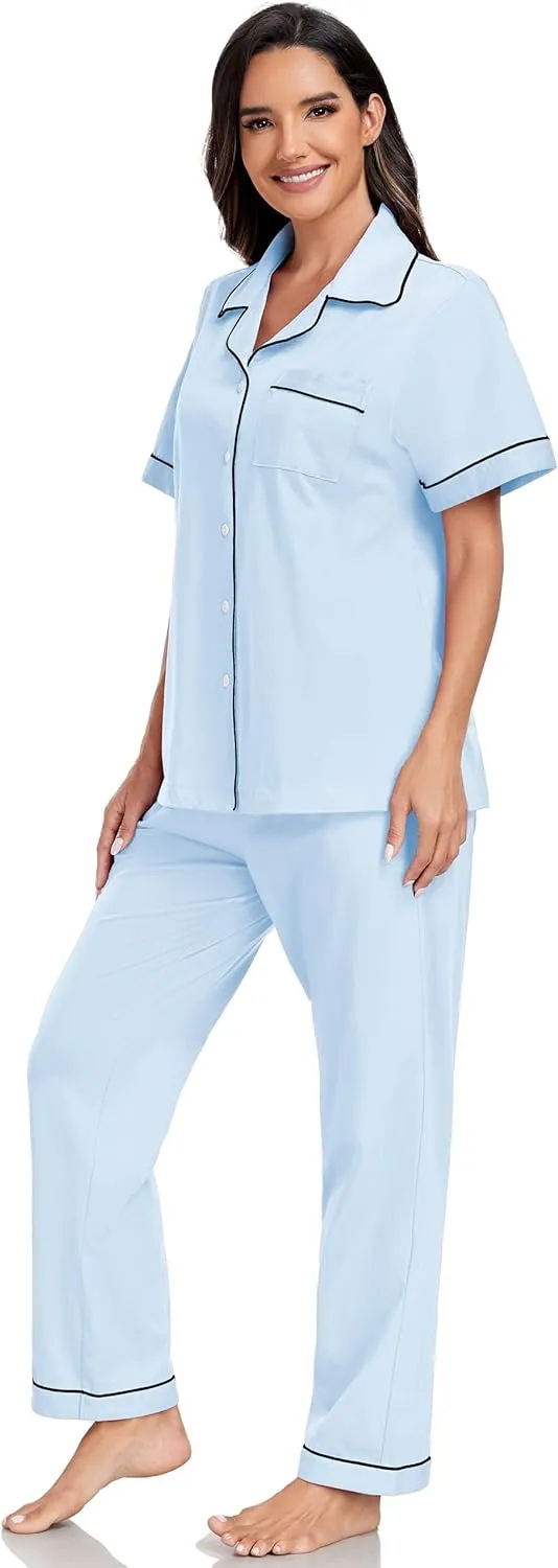 EA'S SECRET Womens 100% Cotton Pajama Sets Short Sleeve Shirt and Pajama Pants Soft Sleepwear Button Down Pjs for Women