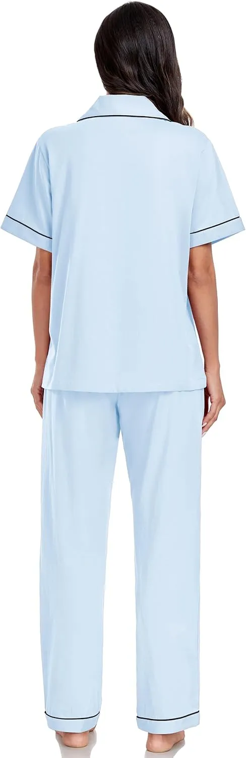 EA'S SECRET Womens 100% Cotton Pajama Sets Short Sleeve Shirt and Pajama Pants Soft Sleepwear Button Down Pjs for Women