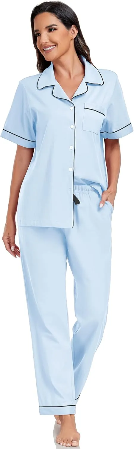 EA'S SECRET Womens 100% Cotton Pajama Sets Short Sleeve Shirt and Pajama Pants Soft Sleepwear Button Down Pjs for Women