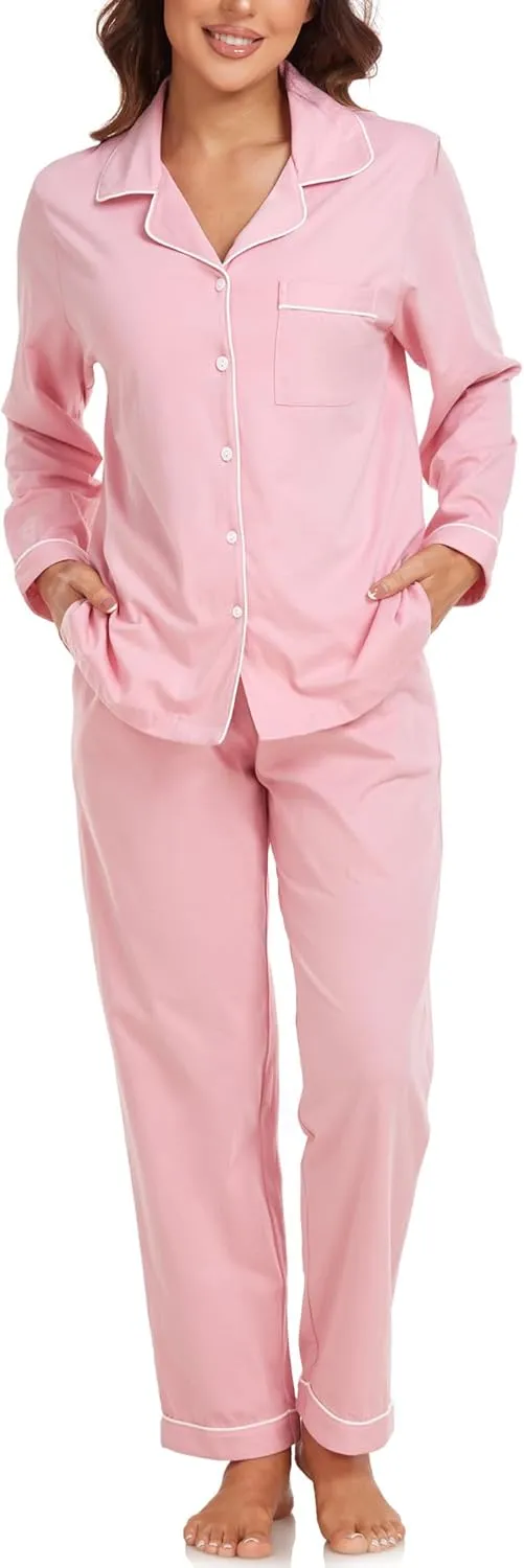 EA'S SECRET Womens Pajama Sets 100% Cotton Long Sleeve Shirt and Pants Soft Sleepwear Loungewear Button Down Pj Set