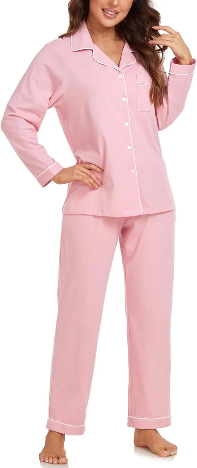 EA'S SECRET Womens Pajama Sets 100% Cotton Long Sleeve Shirt and Pants Soft Sleepwear Loungewear Button Down Pj Set