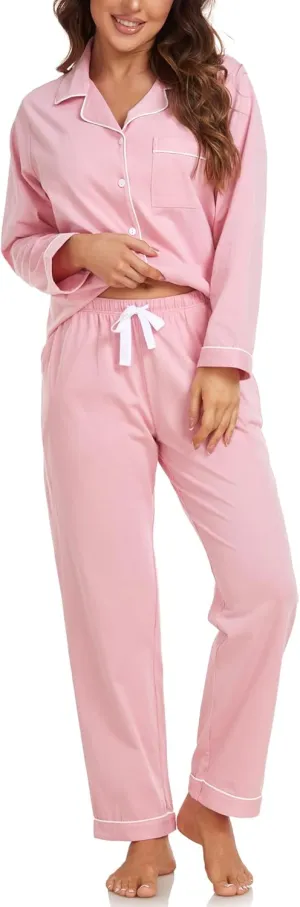 EA'S SECRET Womens Pajama Sets 100% Cotton Long Sleeve Shirt and Pants Soft Sleepwear Loungewear Button Down Pj Set