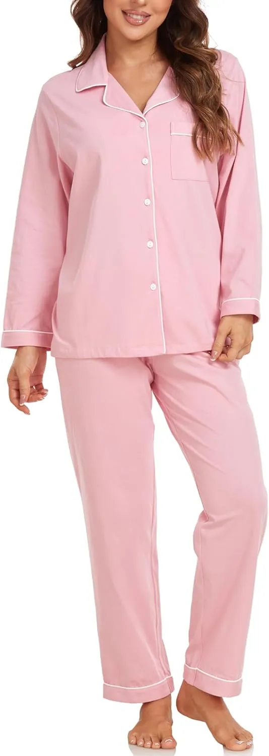 EA'S SECRET Womens Pajama Sets 100% Cotton Long Sleeve Shirt and Pants Soft Sleepwear Loungewear Button Down Pj Set