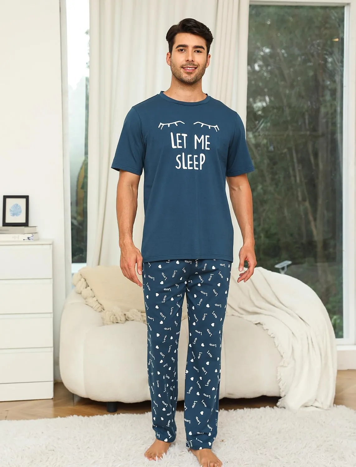 EISHOPEER Cotton Matching Pajamas for Couples Cute Printed Short Sleeve Top & Long Pants Sleepwear Pjs Sets