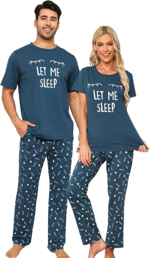 EISHOPEER Cotton Matching Pajamas for Couples Cute Printed Short Sleeve Top & Long Pants Sleepwear Pjs Sets