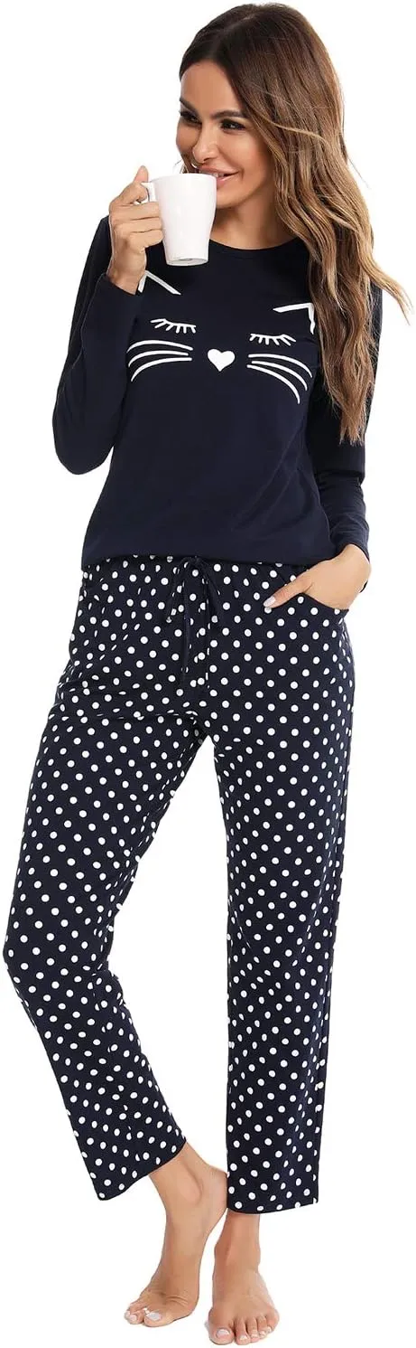 EISHOPEER Women's 2 Piece Cotton Long Sleeve Pajamas Set Cute Print Top and Pants Pjs Loungewear Sleepwear Sets