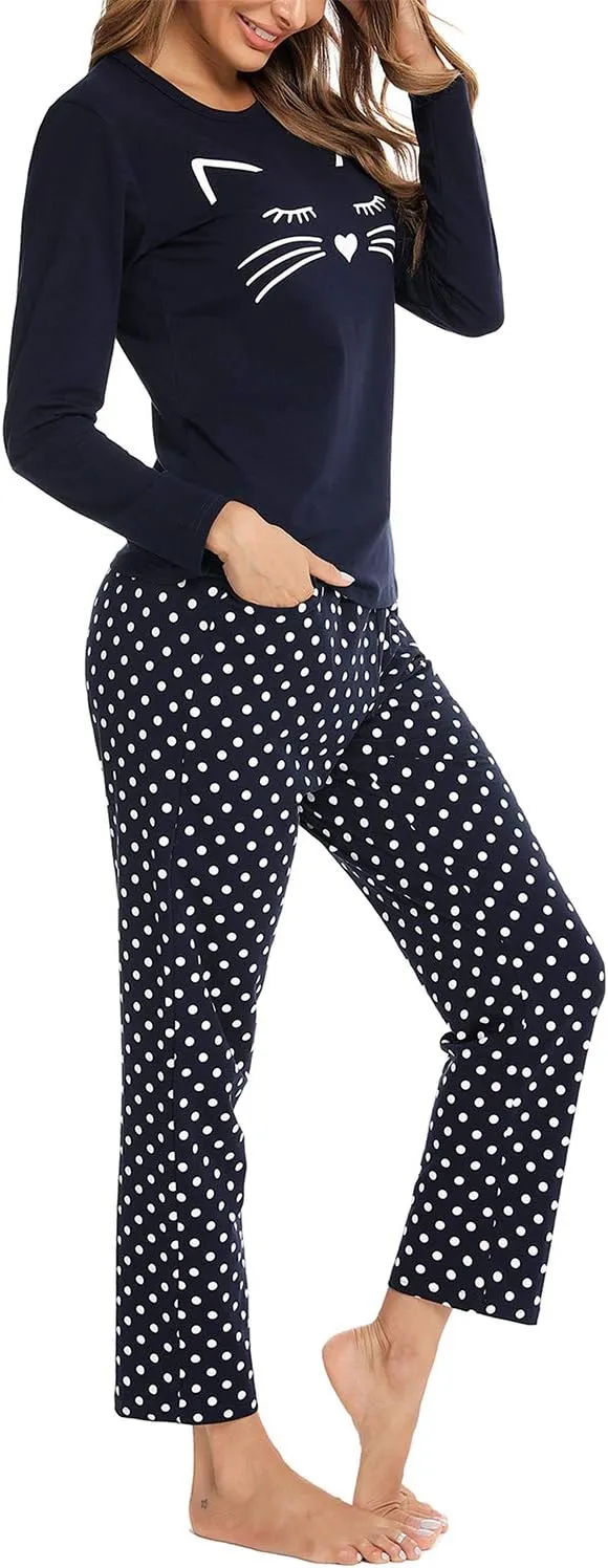 EISHOPEER Women's 2 Piece Cotton Long Sleeve Pajamas Set Cute Print Top and Pants Pjs Loungewear Sleepwear Sets