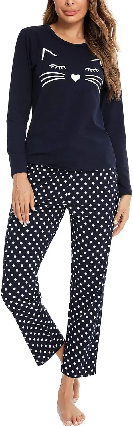 EISHOPEER Women's 2 Piece Cotton Long Sleeve Pajamas Set Cute Print Top and Pants Pjs Loungewear Sleepwear Sets