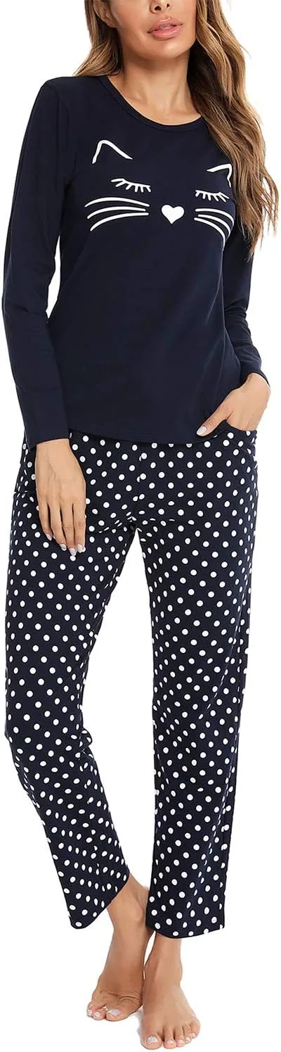 EISHOPEER Women's 2 Piece Cotton Long Sleeve Pajamas Set Cute Print Top and Pants Pjs Loungewear Sleepwear Sets
