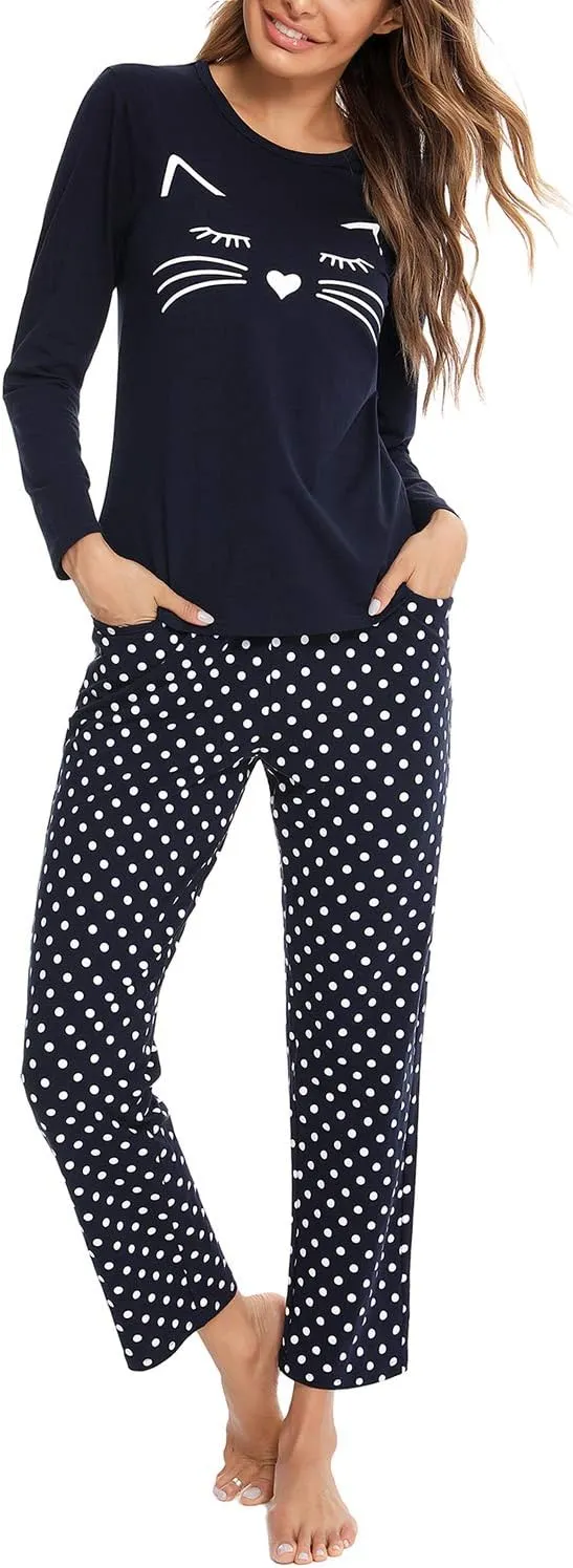 EISHOPEER Women's 2 Piece Cotton Long Sleeve Pajamas Set Cute Print Top and Pants Pjs Loungewear Sleepwear Sets