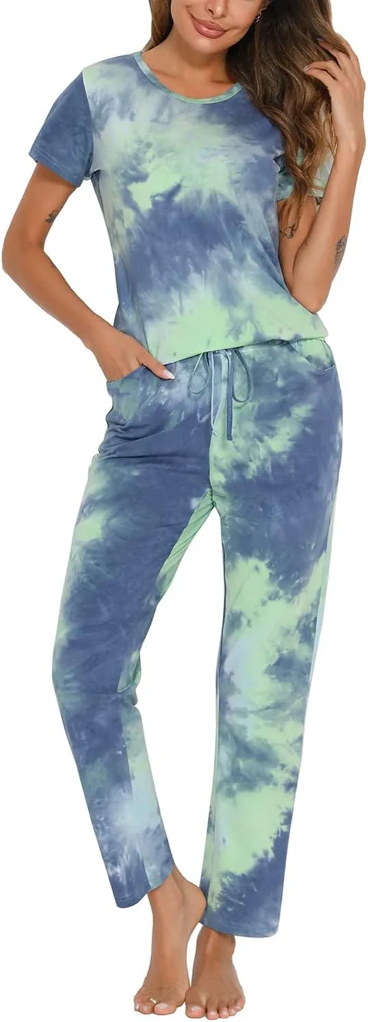 EISHOPEER Women's Pajama Set Printed Short Sleeve Top & Long Pants Sleepwear Pjs Sets