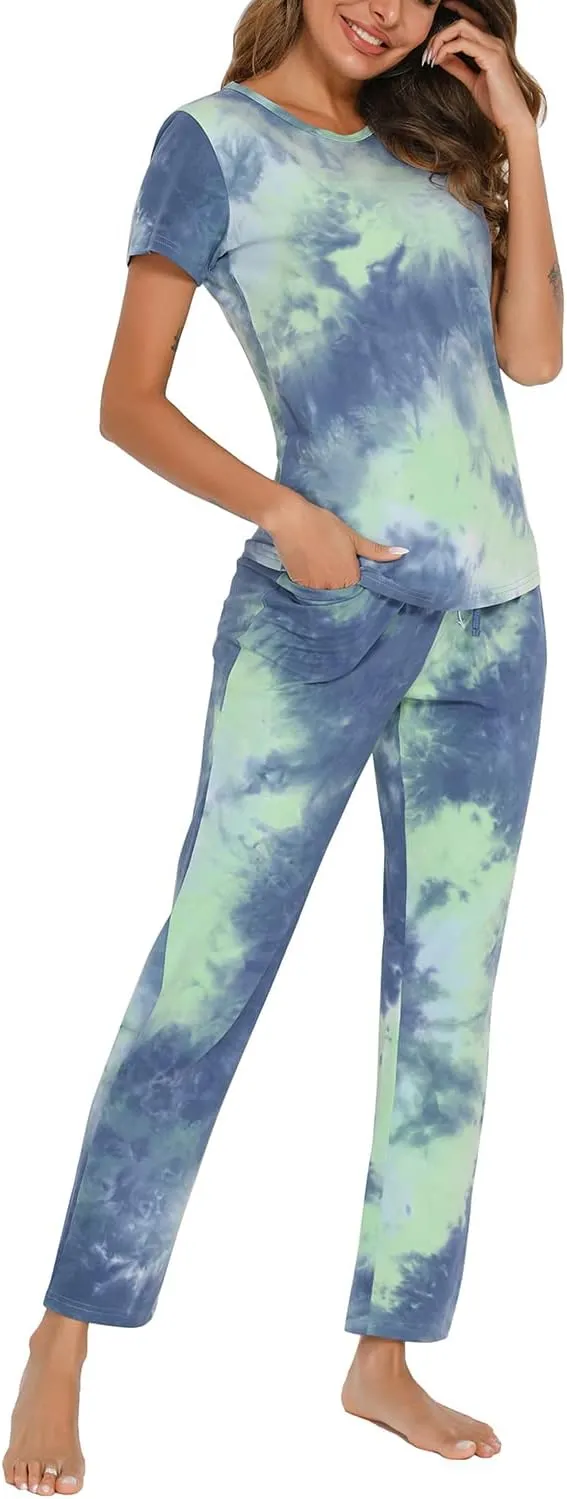 EISHOPEER Women's Pajama Set Printed Short Sleeve Top & Long Pants Sleepwear Pjs Sets