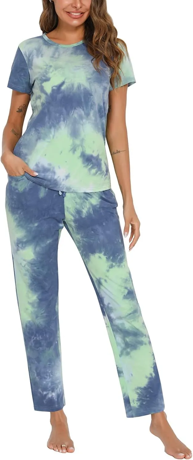 EISHOPEER Women's Pajama Set Printed Short Sleeve Top & Long Pants Sleepwear Pjs Sets