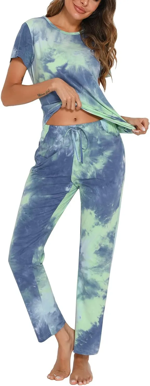EISHOPEER Women's Pajama Set Printed Short Sleeve Top & Long Pants Sleepwear Pjs Sets