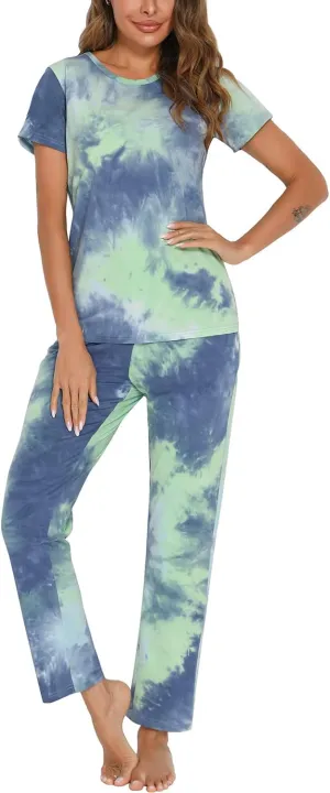 EISHOPEER Women's Pajama Set Printed Short Sleeve Top & Long Pants Sleepwear Pjs Sets