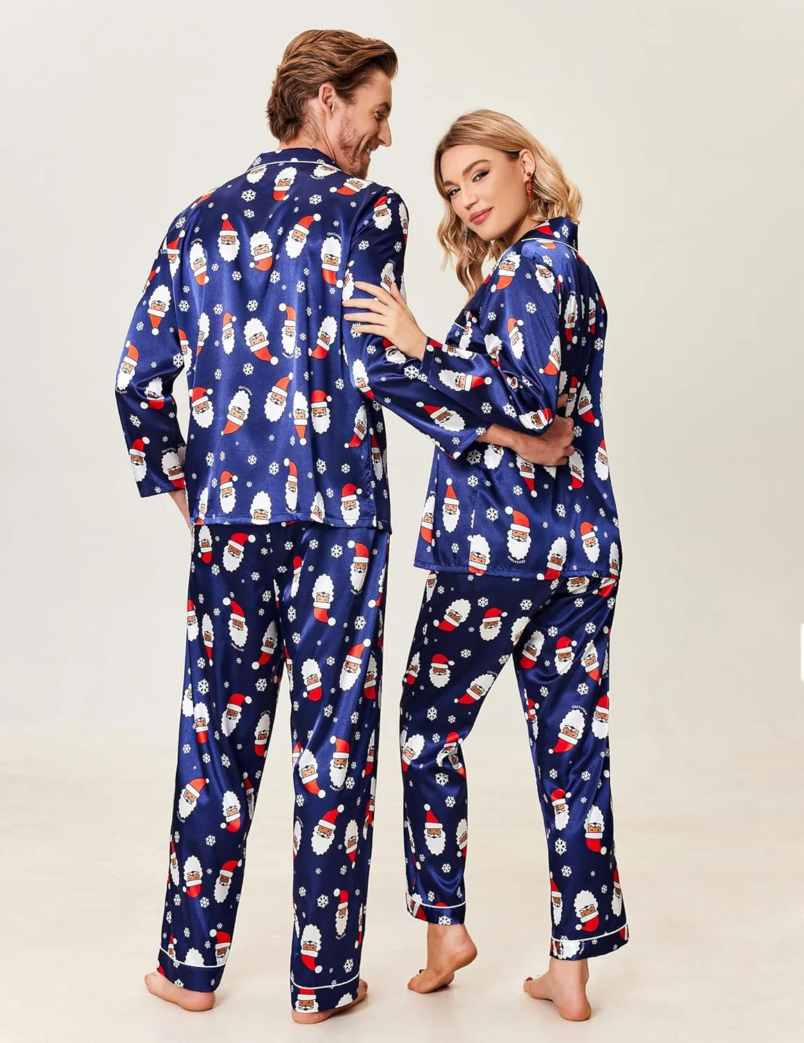 Ekouaer Couples Matching Pajamas Silk Long Sleeve Sleepwear Satin Soft Button Down Loungewear Pjs Set, S-XXL