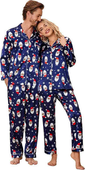 Ekouaer Couples Matching Pajamas Silk Long Sleeve Sleepwear Satin Soft Button Down Loungewear Pjs Set, S-XXL