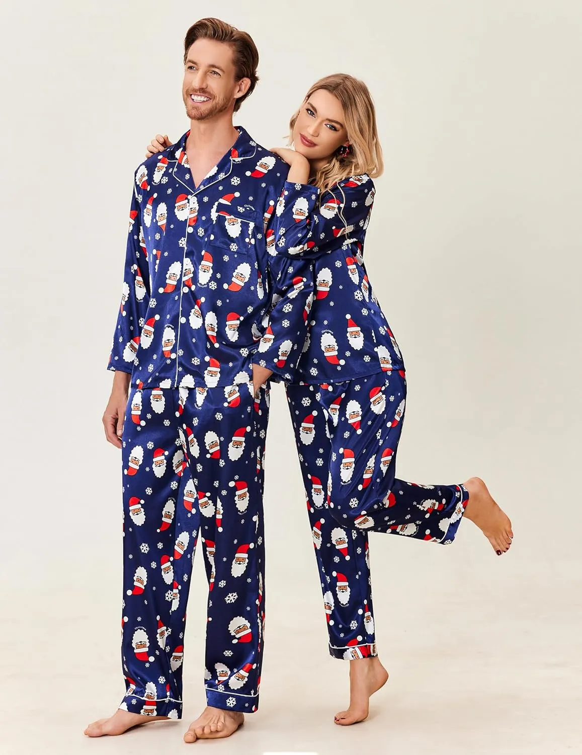 Ekouaer Couples Matching Pajamas Silk Long Sleeve Sleepwear Satin Soft Button Down Loungewear Pjs Set, S-XXL