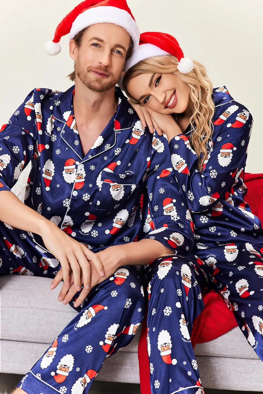 Ekouaer Couples Matching Pajamas Silk Long Sleeve Sleepwear Satin Soft Button Down Loungewear Pjs Set, S-XXL