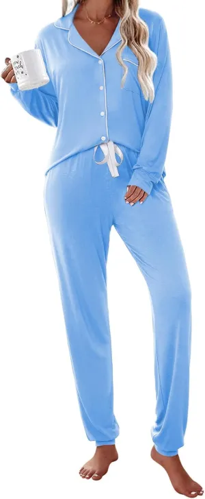 Ekouaer Pajamas Set Long Sleeve Sleepwear Womens Button Down Nightwear Soft Pj Loungewear with Pockets