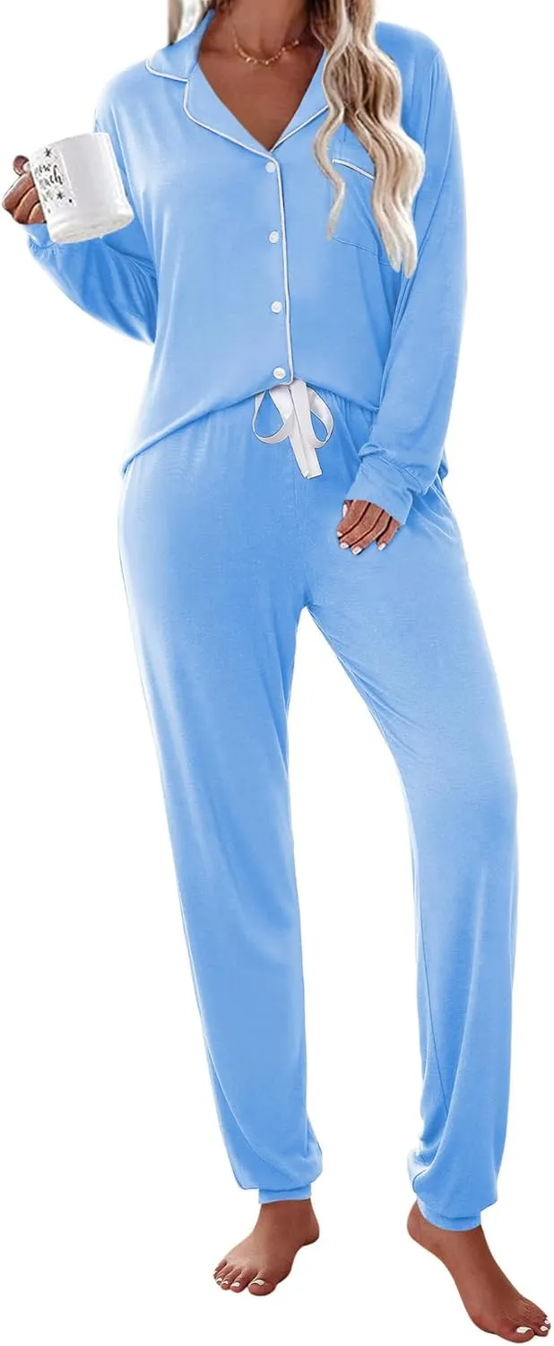 Ekouaer Pajamas Set Long Sleeve Sleepwear Womens Button Down Nightwear Soft Pj Loungewear with Pockets
