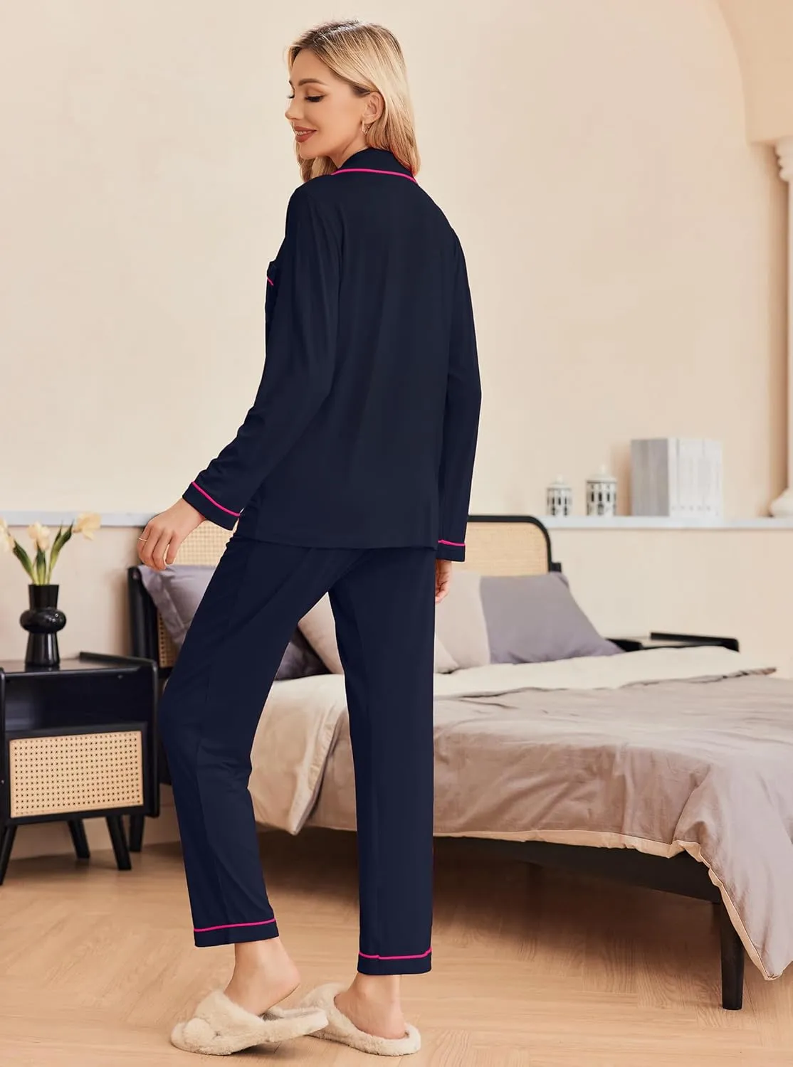 Ekouaer Pajamas Women's Long Sleeve Sleepwear Soft Button Down Loungewear Pjs Lounge Set Nightwear XS-XXL