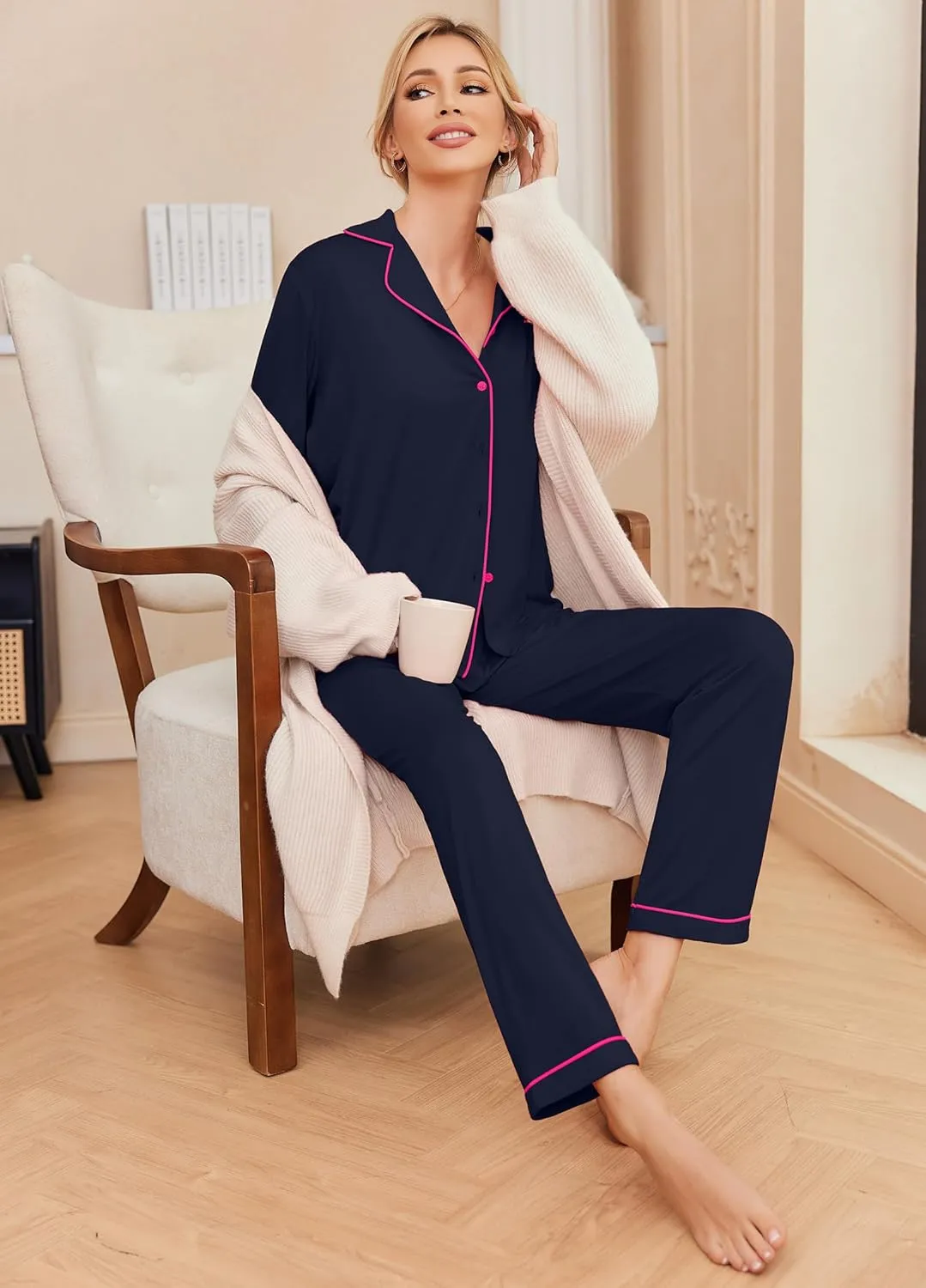 Ekouaer Pajamas Women's Long Sleeve Sleepwear Soft Button Down Loungewear Pjs Lounge Set Nightwear XS-XXL