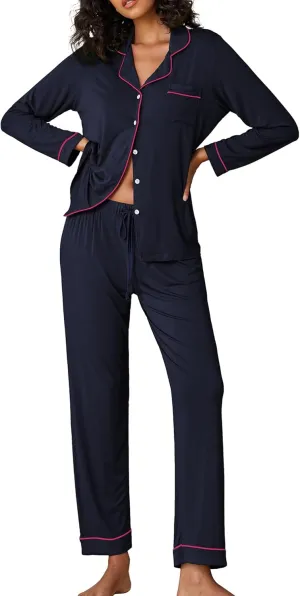 Ekouaer Pajamas Women's Long Sleeve Sleepwear Soft Button Down Loungewear Pjs Lounge Set Nightwear XS-XXL