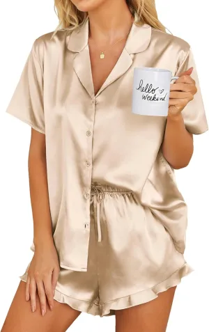 Ekouaer Womens Silk Pajamas Set Button Down 2 Piece Satin Pjs Shorts Set Ruffle Notch Collar Sleepwear