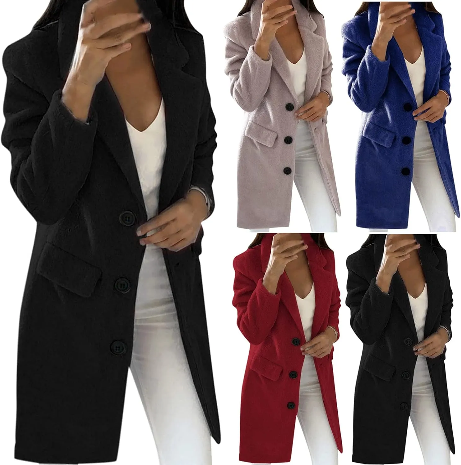 Fall Trench Coats for Women 2024 Casual Notch Lapel Single-Breasted Pea Coats Wool Blend Warm Winter Coats
