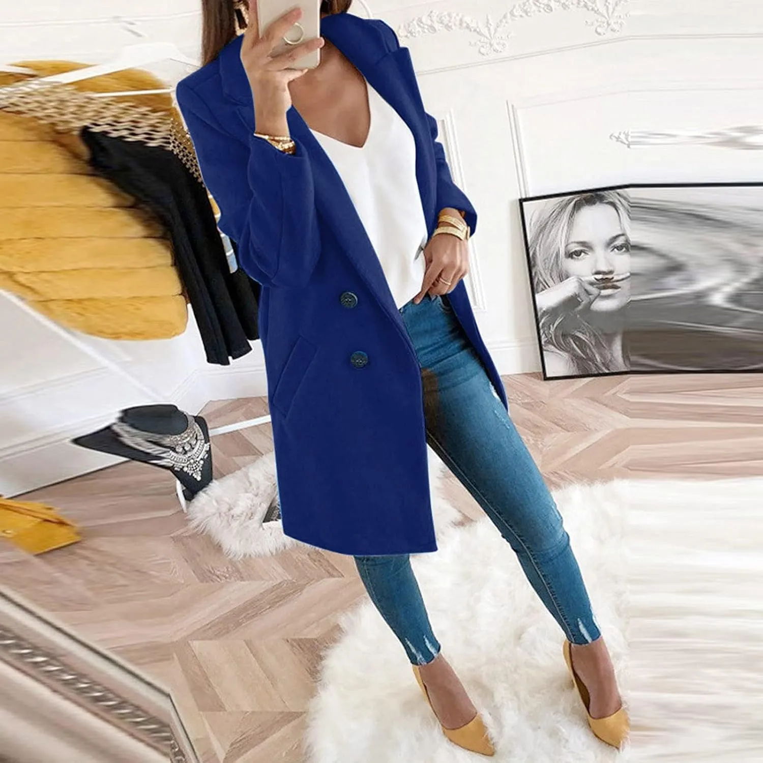 Fall Trench Coats for Women 2024 Casual Notch Lapel Single-Breasted Pea Coats Wool Blend Warm Winter Coats