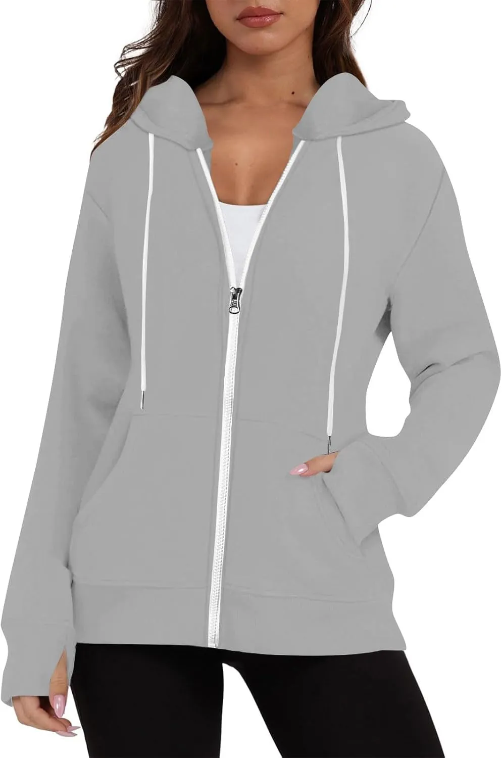 Fall Winter Hooded Jacket for Women Casual Long Sleeve Drawstring Coats with Pocket Trendy Zipper Thumb Hole Jacket