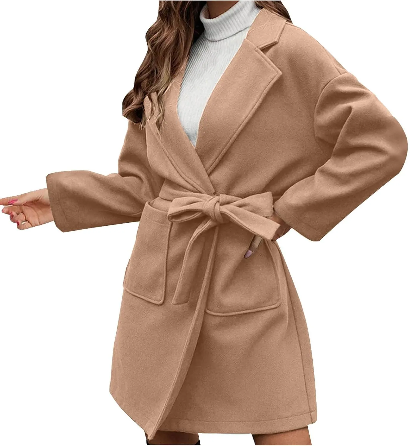 fartey Womens Winter Coats Wool Blend Pea Coats Casual Notch Lapel Double-Breasted Mid Trench Coats Overcoats Outwear