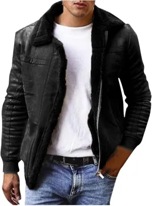 Faux Fur Suede Leather Jackets for Men Sherpa Fleece Lined Bomber Jackets Big and Tall Zip Up Motorcycle Jackets