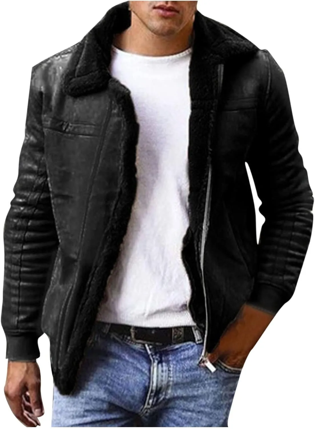 Faux Fur Suede Leather Jackets for Men Sherpa Fleece Lined Bomber Jackets Big and Tall Zip Up Motorcycle Jackets