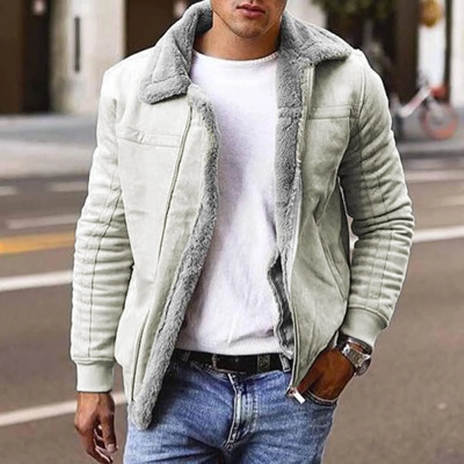 Faux Fur Suede Leather Jackets for Men Sherpa Fleece Lined Bomber Jackets Big and Tall Zip Up Motorcycle Jackets