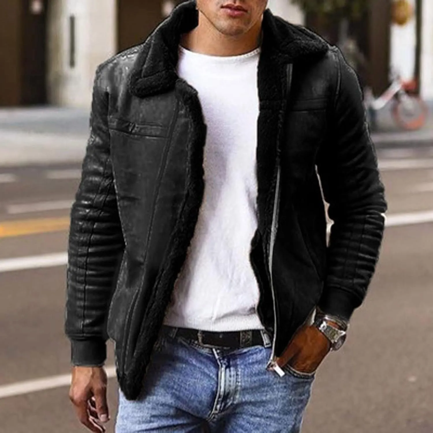 Faux Fur Suede Leather Jackets for Men Sherpa Fleece Lined Bomber Jackets Big and Tall Zip Up Motorcycle Jackets