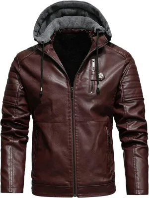 Faux Leather Hooded Motorcycle Jackets for Men Sherpa Lined Bomber Jackets with Zipper Pockets Vintage Biker Jackets