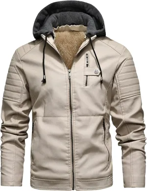 Faux Leather Hooded Motorcycle Jackets for Men Sherpa Lined Bomber Jackets with Zipper Pockets Vintage Biker Jackets