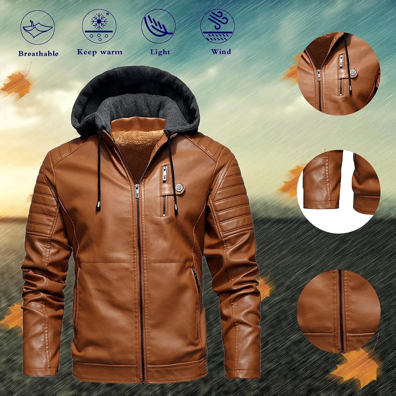 Faux Leather Hooded Motorcycle Jackets for Men Sherpa Lined Bomber Jackets with Zipper Pockets Vintage Biker Jackets