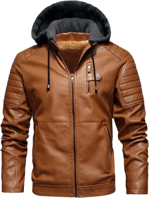 Faux Leather Hooded Motorcycle Jackets for Men Sherpa Lined Bomber Jackets with Zipper Pockets Vintage Biker Jackets
