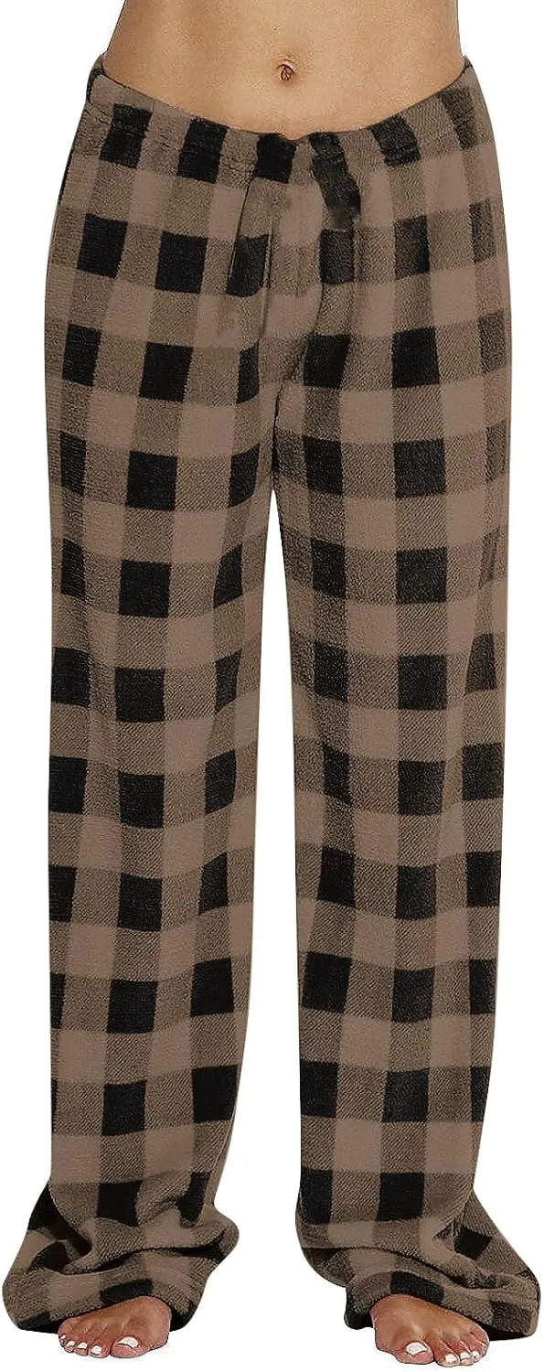 Flannel Pajama Pants Women Soft Comfy Fuzzy Buffalo Plaid Pj Pants Warm Fleece Elastic Waist Wide Leg Lounge Pants