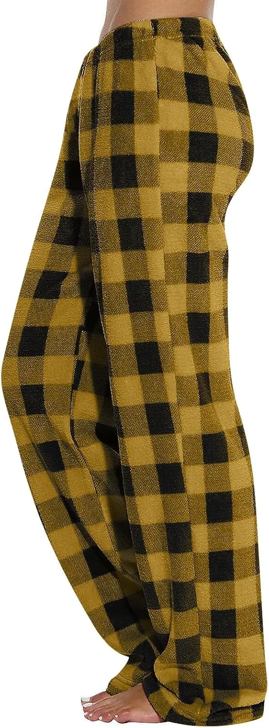 Flannel Pajama Pants Women Soft Comfy Fuzzy Buffalo Plaid Pj Pants Warm Fleece Elastic Waist Wide Leg Lounge Pants