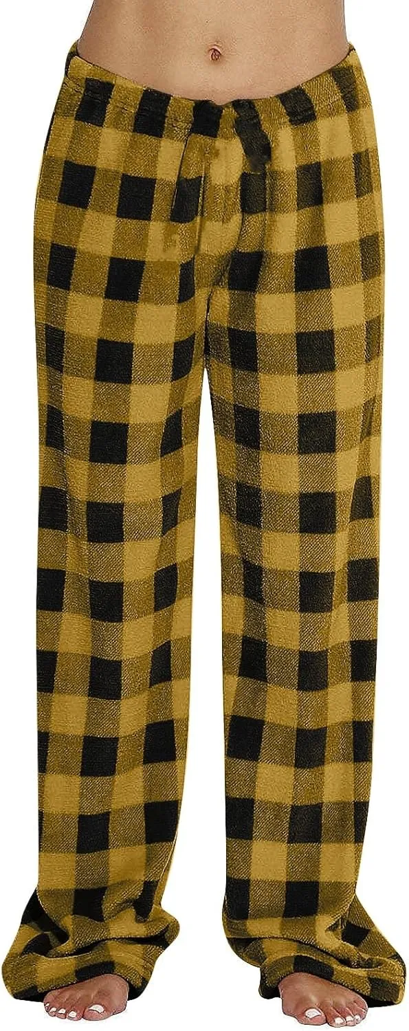 Flannel Pajama Pants Women Soft Comfy Fuzzy Buffalo Plaid Pj Pants Warm Fleece Elastic Waist Wide Leg Lounge Pants