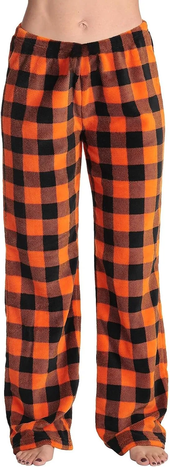 Flannel Pajama Pants Women Soft Comfy Fuzzy Buffalo Plaid Pj Pants Warm Fleece Elastic Waist Wide Leg Lounge Pants