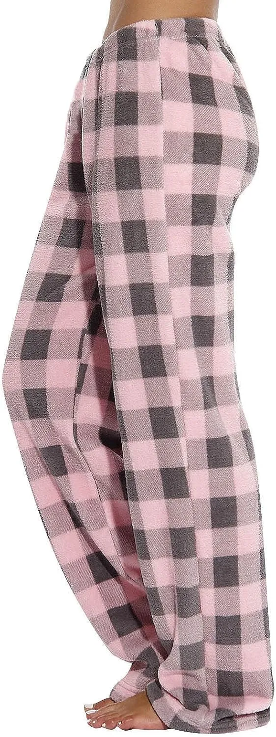 Flannel Pajama Pants Women Soft Comfy Fuzzy Buffalo Plaid Pj Pants Warm Fleece Elastic Waist Wide Leg Lounge Pants