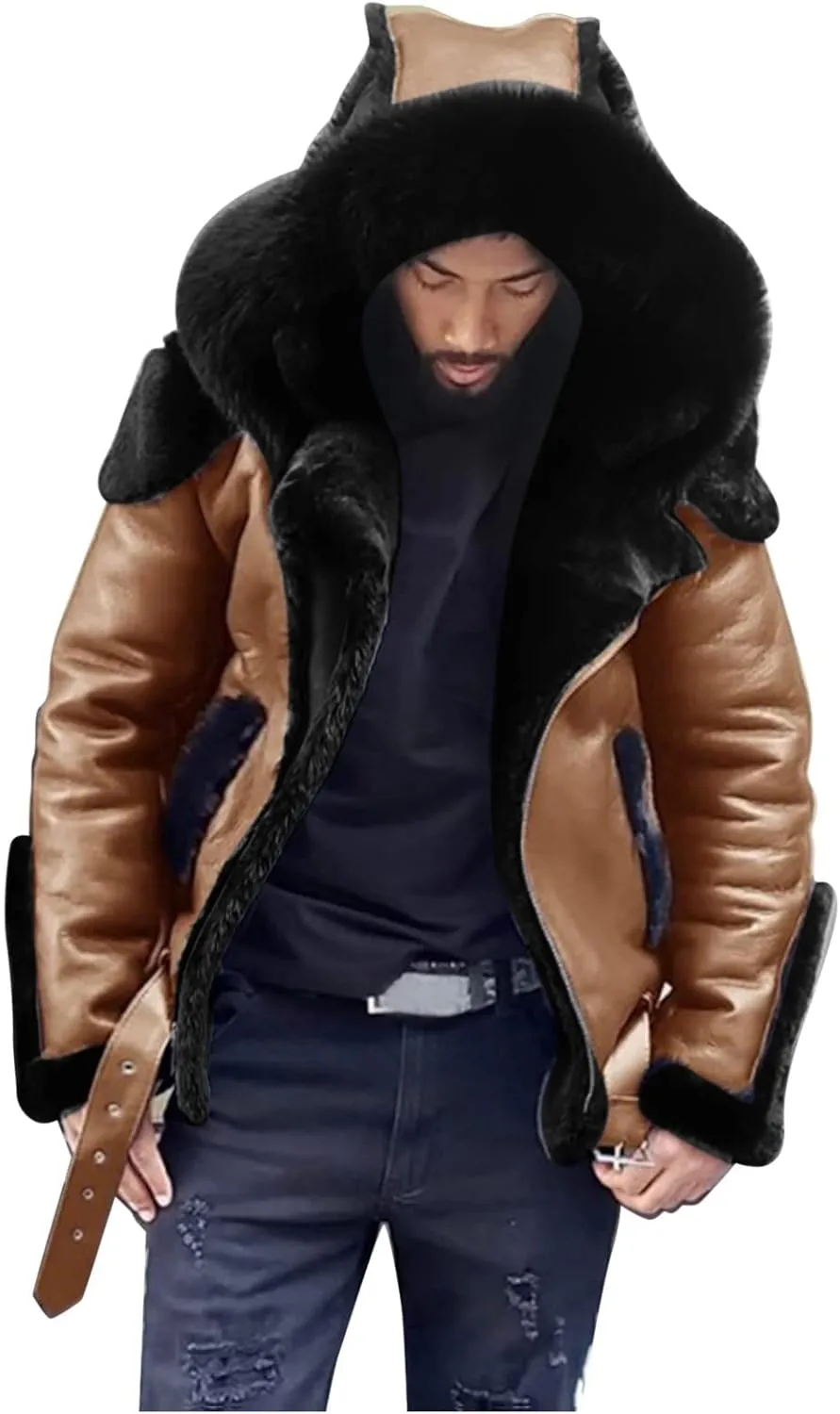 Fleece Lined Faux Leather Hooded Jackets for Men Heavyweight Motorcycle Jackets with Fur Hood Warm Flight Jackets
