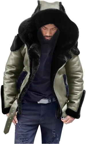 Fleece Lined Faux Leather Hooded Jackets for Men Heavyweight Motorcycle Jackets with Fur Hood Warm Flight Jackets